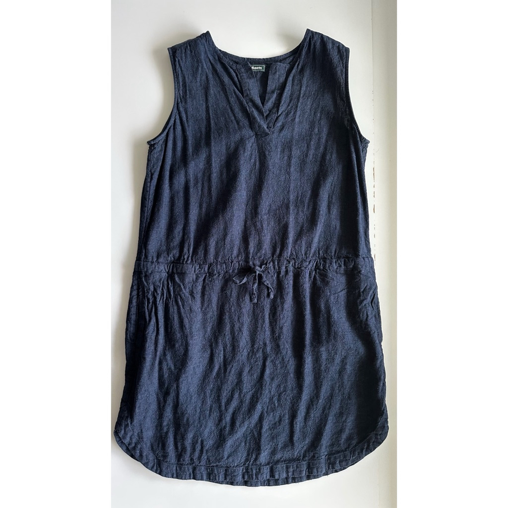 Roots Linen Blue Sleeveless Dress Drawcord Waist Curved Hem Pockets Size Medium